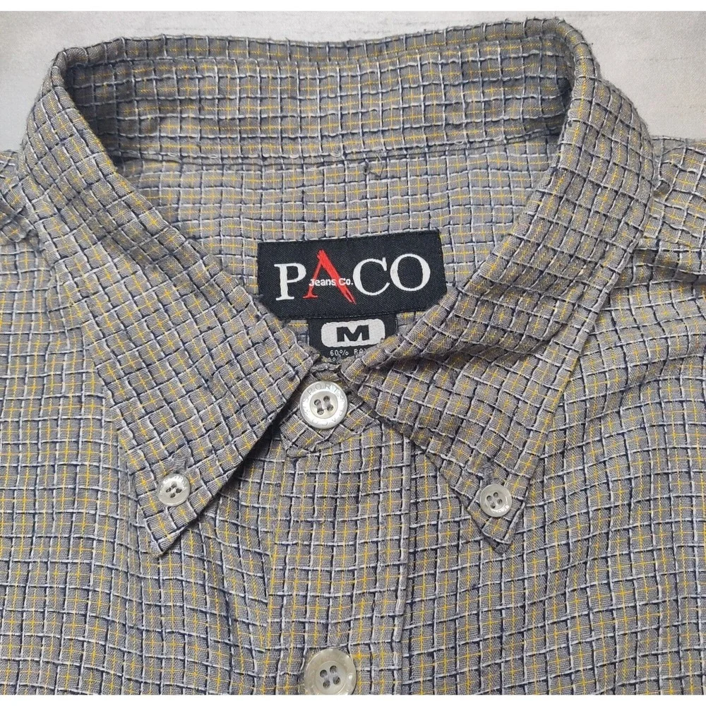 VTG PACO Jeans Co Men Medium Rayon Blend Gray Blue Check Button Shirt - Picture 4 of 13